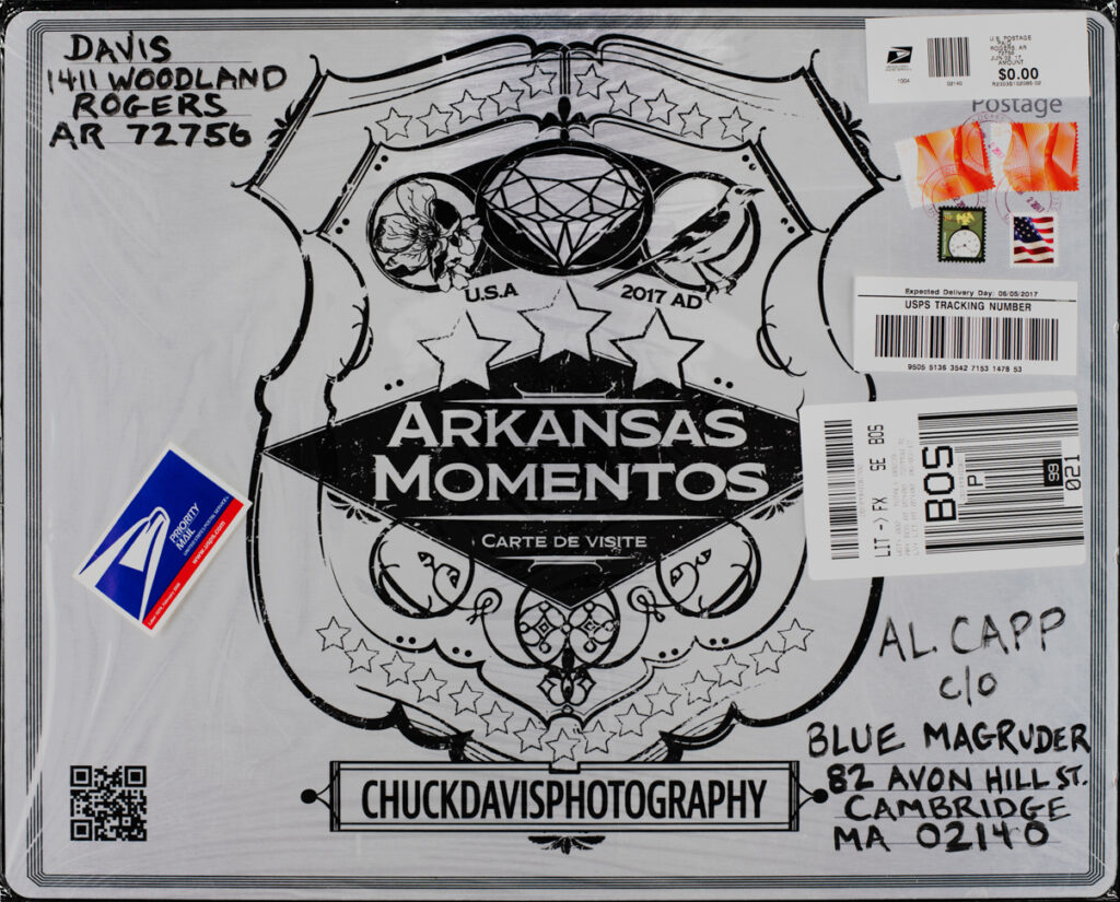 Black and white mail art by Chuck Davis styled as a vintage envelope addressed to Al Capp with USPS stamps and postmarks